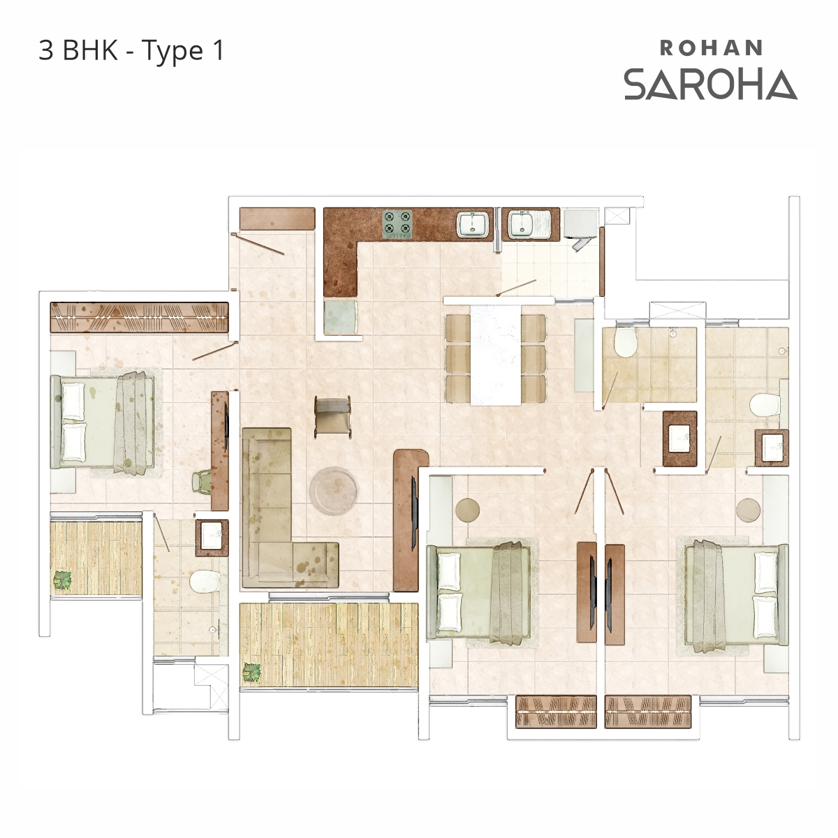 Rohan Saroha 3 BHK T1 Floor Plan D