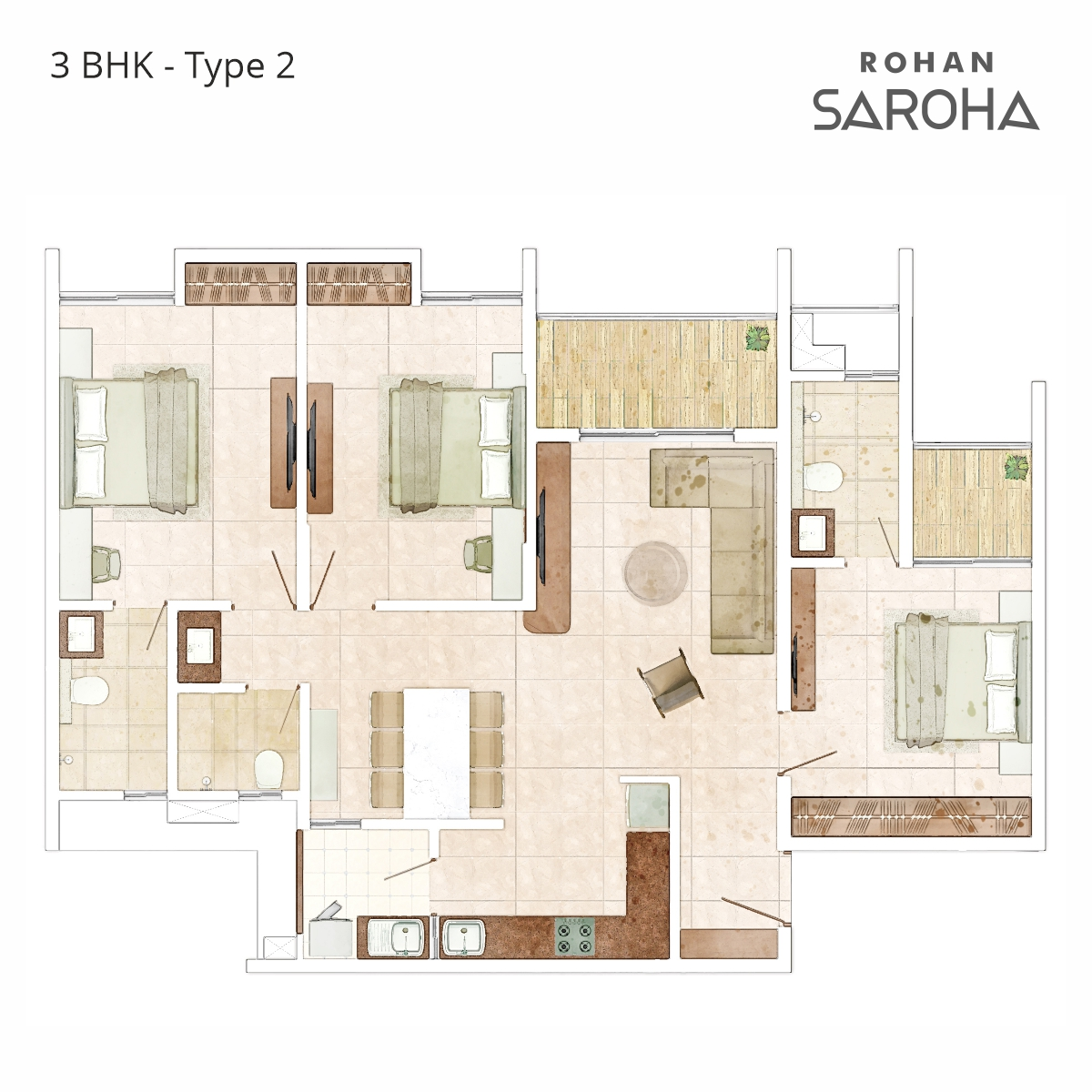 Rohan Saroha 3 BHK T2 Floor Plan D 